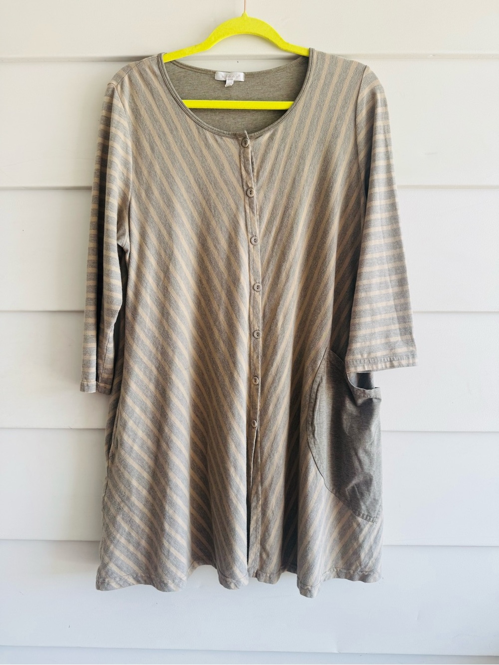 Kleen Striped Button-Front Tunic Dress in Taupe/Gray Sz L